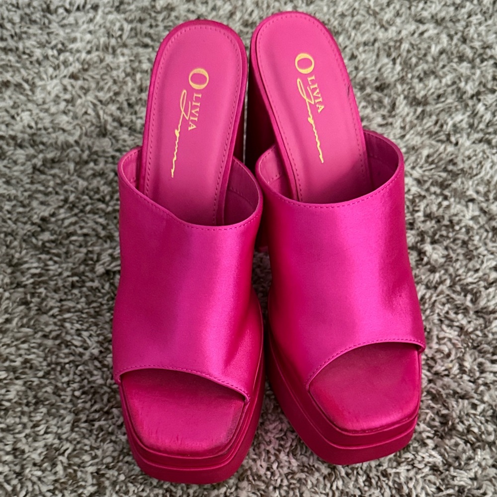 Bright Pink Satin Platform Mules